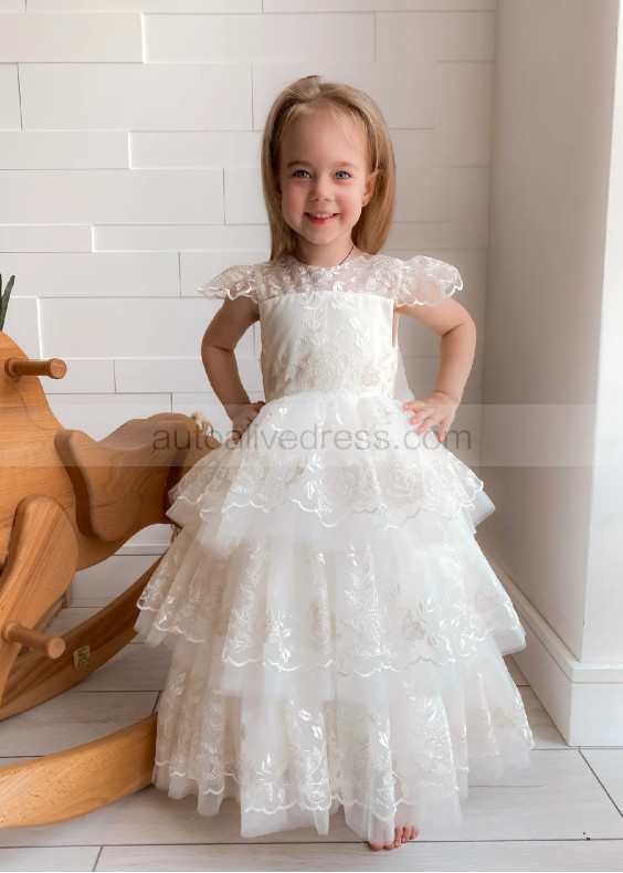 Cap Sleeves Ivory Lace Tulle Cupcake Flower Girl Dress